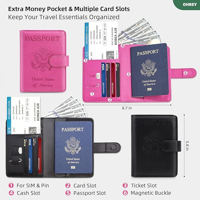 2 Pack Passport Holder for Travel with Slot for AirTag & Luggage Tag Cover, RFID Blocking Passport Holder for Women & Men | PU Leather Passport Cover with Pocket, Black & Pink