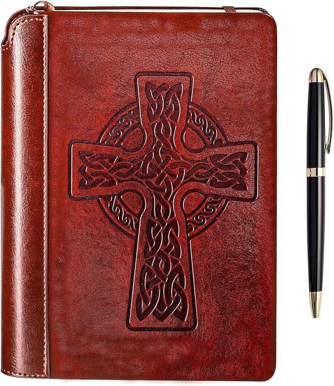 SETTINI® Lined Journal - Celtic Cross Journal for Writing Gift Set - Hardcover Vegan Leather, Includes Luxury Pen in a Unique Pen Holder, 192 Pages, A5, Fathers Day Gift, Bible Journal, Journal for Men & Women