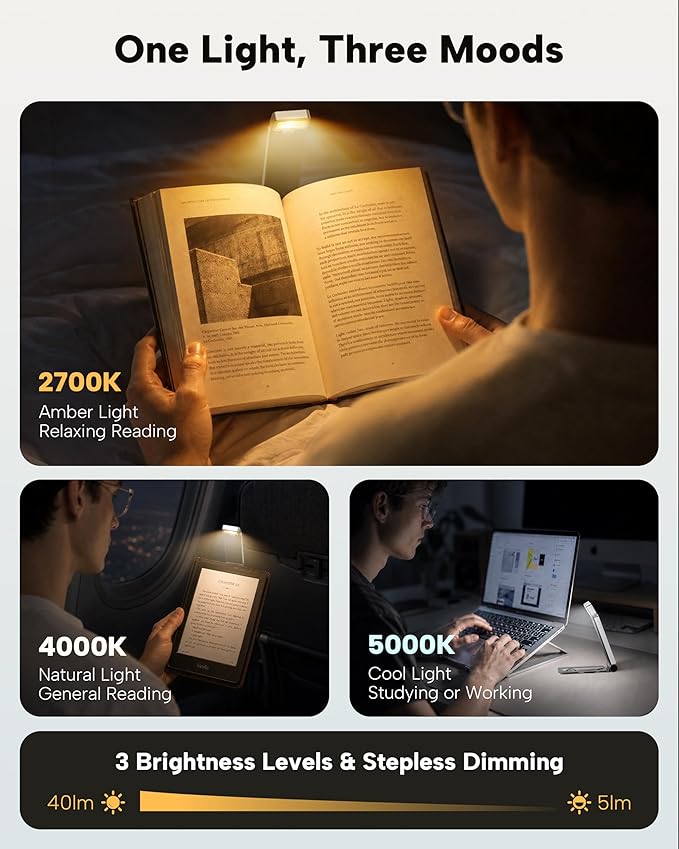 86lux Book Light, Rechargeable Clip-On LED Reading Light for Bed & Night Use - 3 Color Temperatures with Stepless Dimming, Ultralight Bookmark Design for Kids, Book Lovers, Silver