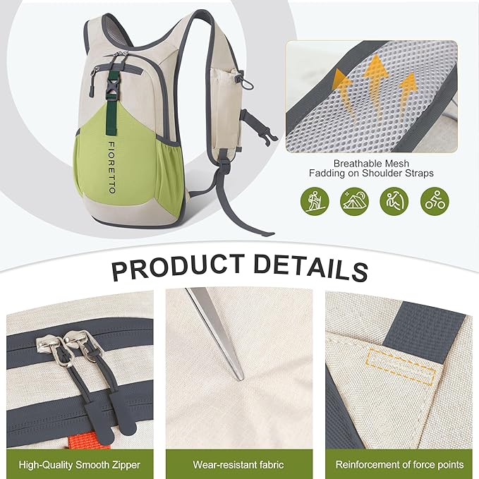 FIORETTO 10L Hiking Backpack for Women Men Mini Packable Backpack Lightweight Small Daypack for Camping Travel Outdoor, Beige and Green