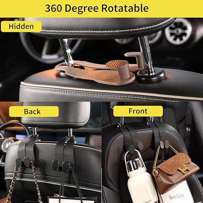 WEIHAO Purse Hook for Car Headrest, Silicone Car Seat Back Storage Hook, Twin Hooks Carbon Fiber Textured Car Headrest Hangers, Bag Holder for Sedan, Trucks, SUVs, Most Vehicles (Black-4PCS)