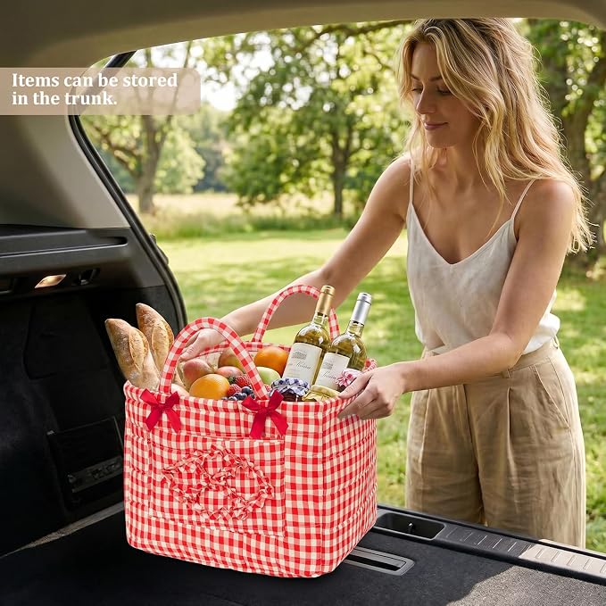 Floral Fabric Storage Basket Car Interior Storage Basket Underwear Sundries Laundry Baskets Supplies Home Organizer Bag (Red plaid)