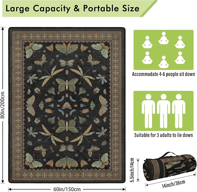 Insect Picnic Blankets Waterproof Foldable, 60″X80″ Packable Picnic Mat Vintage Outdoor Blanket for Grass, Large Beach Blanket Sandproof Picnic Accessories for Camping Music Festival Park Lawn Travel