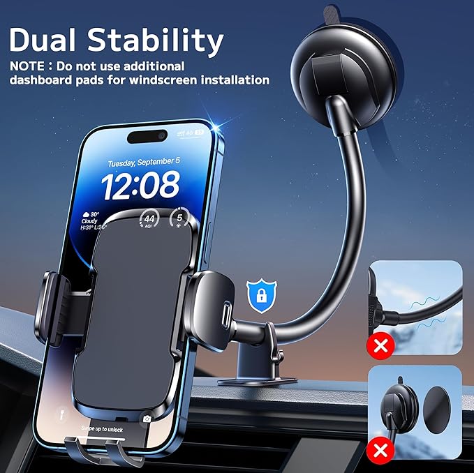 Phone Holders for Your Car [Gooseneck Flexible] Phone Stand for Car Dashboard Windshield Automotive Accessories [Strong Suction Cup] Cell Phone Car Mount for All iPhone Android Smartphone