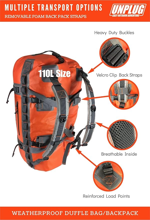 UNPLUG Ultimate Adventure | 1680D Heavy Duty Waterproof Bag | Large Travel Bag which can be Used for Camping, Motorcycling, Boating, or Hunting|110L Adventure Orange