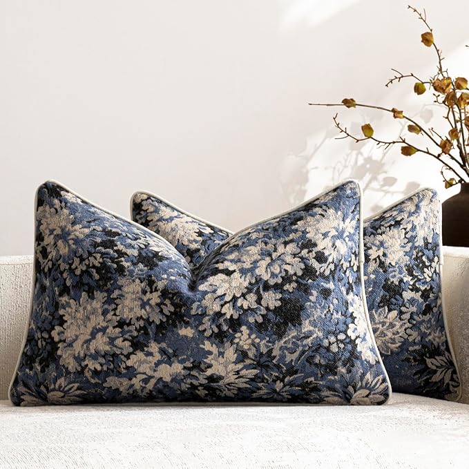 DEZENE Pack of 2 Vintage Floral Pillow Covers 12x20 Boho Farmhouse Accents Chenille Rectangular Lumbar Decorative Throw Pillow Cases for Living Room Couch Bed Home Decor, Dusty Blue