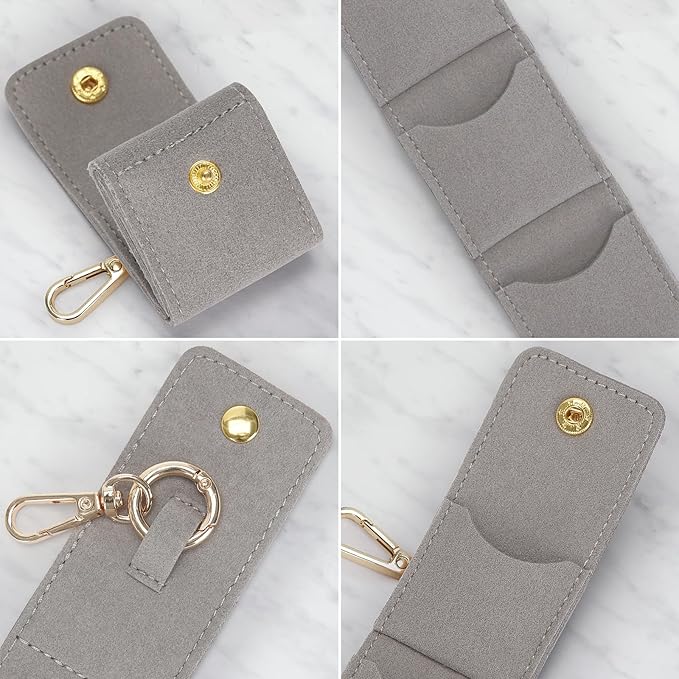 KUKUVR Mini Jewelry Holder Pouch with Keychain, Portable Travel Jewelry Organizer Box for Rings Earrings Necklace Stud, Small Velvet Jewelry Storage Bag for Gym Women (Grey)