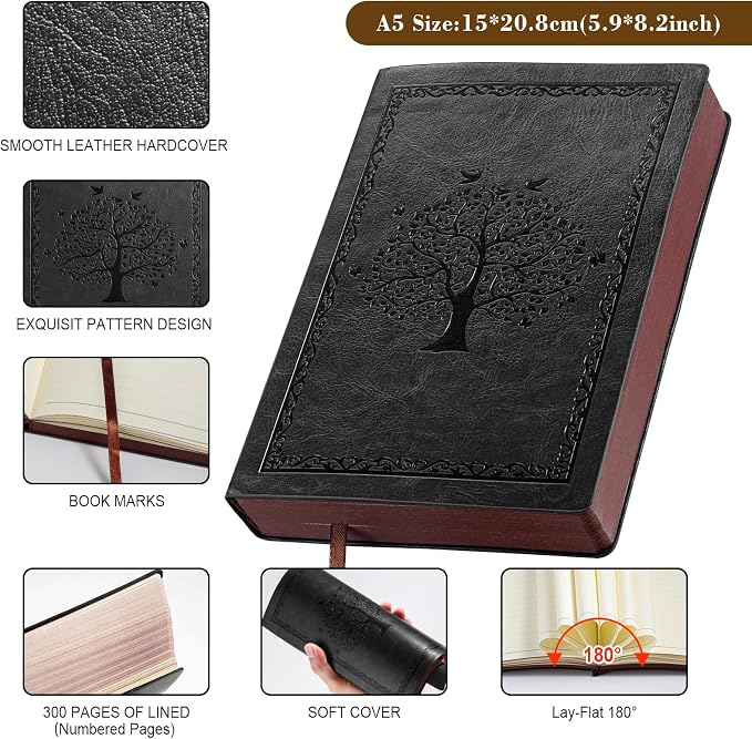 Fetinar Leather Journal Notebook,300 Pages Hope Tree Softcover Lined Notebook for Women Men,300 Travel,Business,Work,Office,School Note Taking,5.7'' X 8.3''(black)