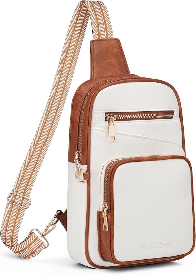 Anti Theft Crossbody Bags for Women,RFID Sling Bag Travel Purse,Vegan Leather Cross Body Purses Chest Bag for Travel(white＆Brown)