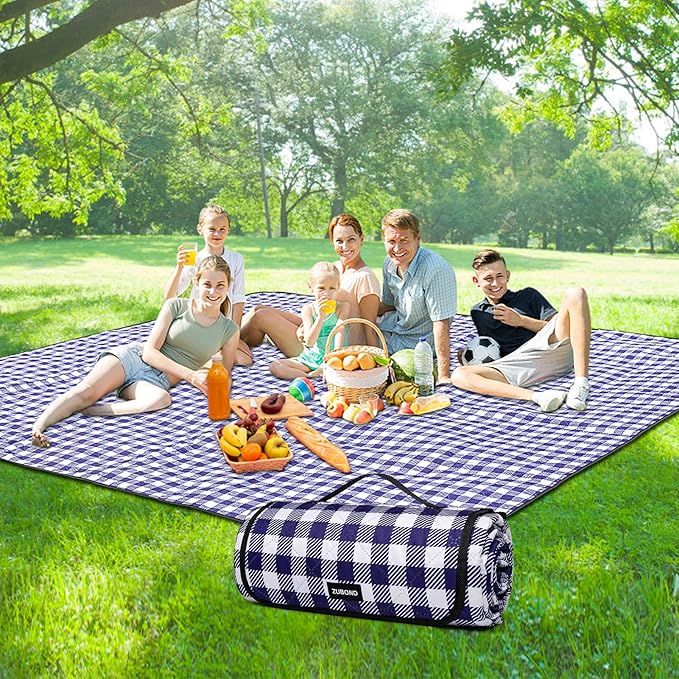 ZUBOND 80''x100'' Extra Large Picnic Beach Blankets Waterproof Sandproof Foldable, Machine Washable Simple Stylish Gingham Outdoor Blankets Grass Lawn Park for Family Camping Party