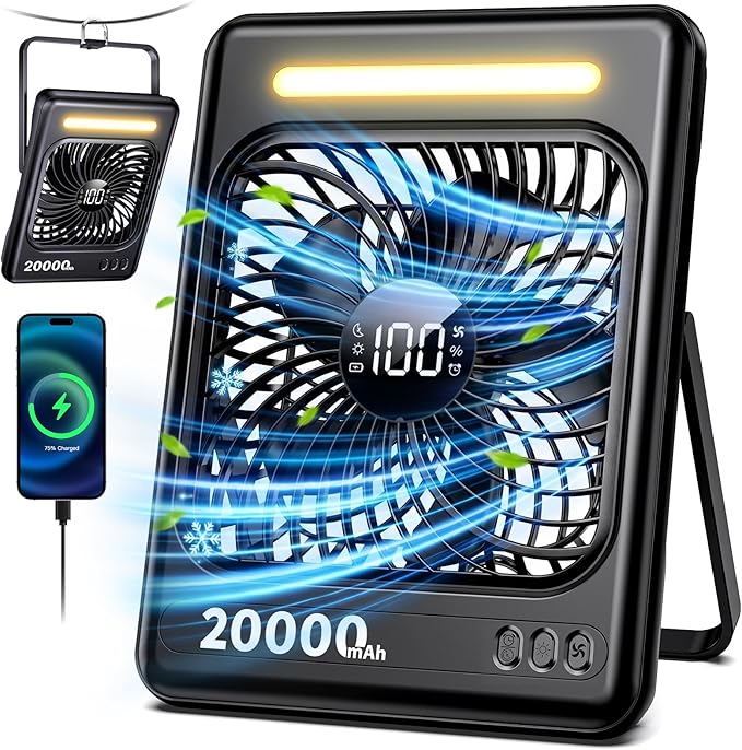 20000mAh Portable Rechargeable Fan, Max 60H Runtime, Ultra-Slim Camping Fan, 5 Speeds Battery Powered Fan with LED Lantern, 2/4/6/8 Timer Personal Travel Fan for Cruise Fishing Ship Tent Office Home