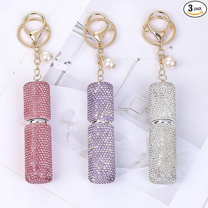 3 Pack Rhinestone Perfume Spray Bottle Crystal Travel Refillable Perfume Atomizer Bottle Portable Mini Perfume Spray Dispensers for Women 5 ML, Pink Purple Silver