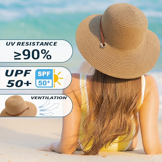 Beach Hat for Women, Wide Brim Sun Straw Hats for Women, Sun Hat Womens UPF 50+ UV Protection, Floppy Foldable Summer Hats