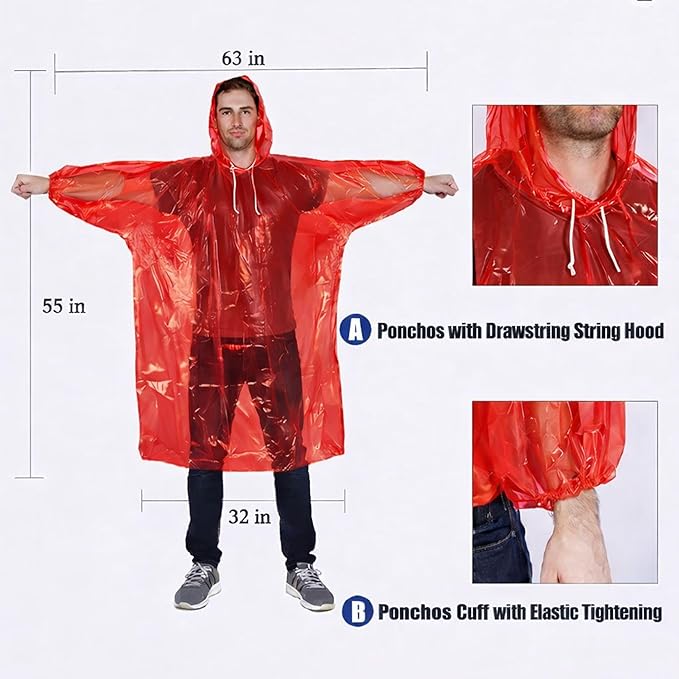 Mindful Design Rain Ponchos with Drawstring Hood Disposable Emergency Poncho for Adults