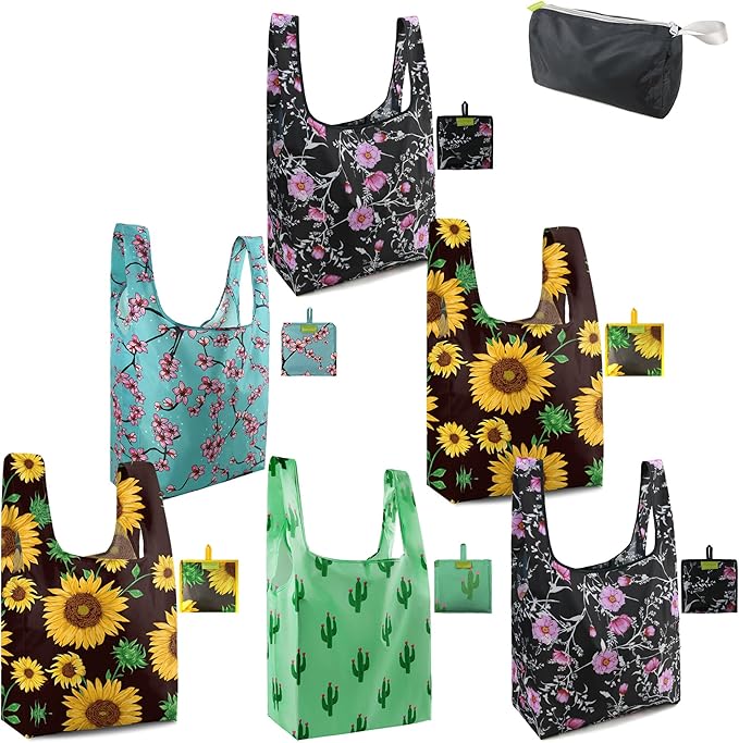BeeGreen Floral Reusable Grocery Bags Bulk 6 Packs X-Large50LBS, Reusable Shopping Bags Foldable for Groceries, Vegetables, Fruits Bulk Tote Bags Washable For Women Men