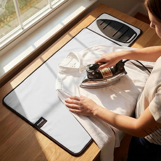 Encasa XO Ironing Mat/Pad - Metallic Silver (Small 28"x20") with 5mm Foam Padding & Silicone Iron Rest for Steam Pressing on Tabletop or Bed - Heat Reflective, Portable, Quilting
