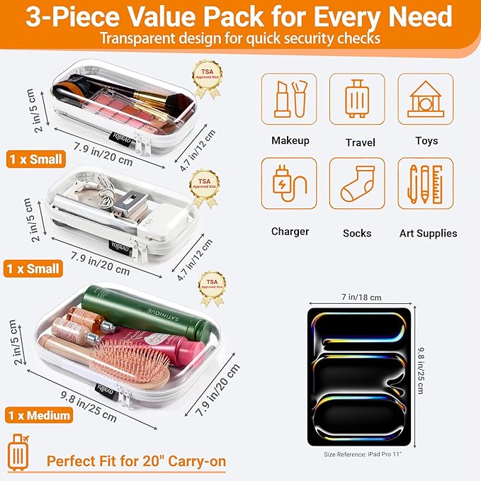 YQBRAO 3 Pack Clear Hard Shell Zipper Case,Rigid Protection Diaper Bag Organizer Pouches, TSA Approved Toiletry Bag with YKK Zippers for Cosmetics, Toys & Electronics