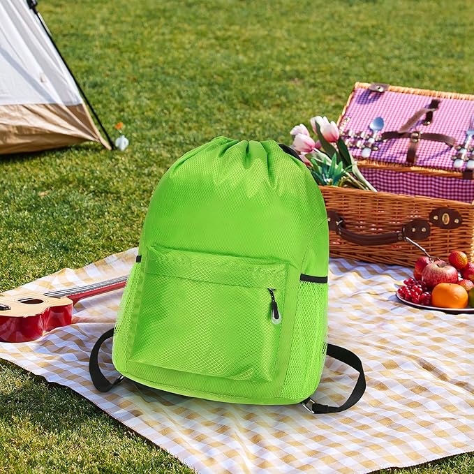 Waterproof Drawstring Bag, Lightweight String Backpack with Water Bottle Holder and Pockets, Gym Sports Cinch Sackpack (Green)