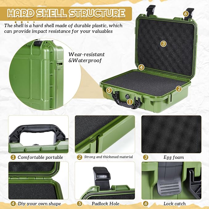 Relaxweex 1 Pcs Waterproof Hard Case with DIY Customizable Foam Insert Portable Protective Case with Knife for Camera Drones Equipments Tools Test Instruments(Green,16.3 x 12.4 x 6.5 Inch)