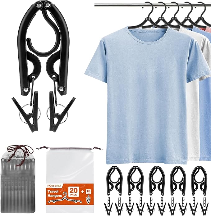 HOUSE DAY 20 Pack Travel Hangers with Clips, Cruise Essentials 2026, Black Foldable Hangers for Pants Skirt, Lightweight Portable Collapsible Clothes Hangers Space Saving Set for Hotel, RV, Dorm