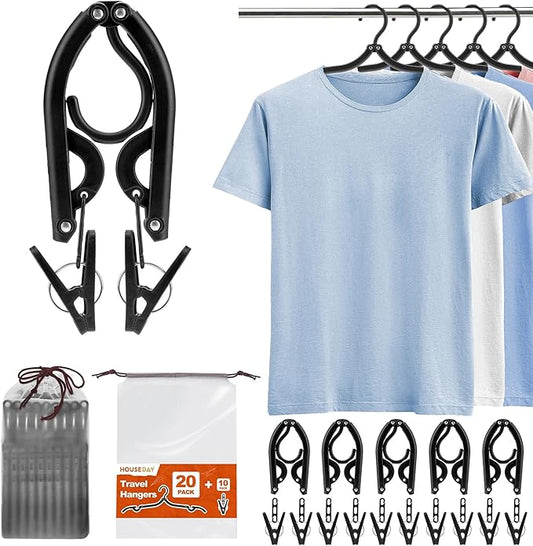 HOUSE DAY 20 Pack Travel Hangers with Clips, Cruise Essentials 2026, Black Foldable Hangers for Pants Skirt, Lightweight Portable Collapsible Clothes Hangers Space Saving Set for Hotel, RV, Dorm