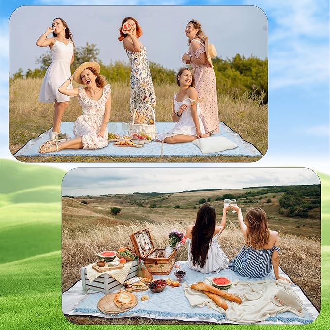 Hahafelt Extra Large Outdoor Picnic Blanket Oversize Beach Woven Cotton Yarn Blanket with Fringe Machine Washable Sandproof Portable for Spring Summer Camping Beach Park(Blue)
