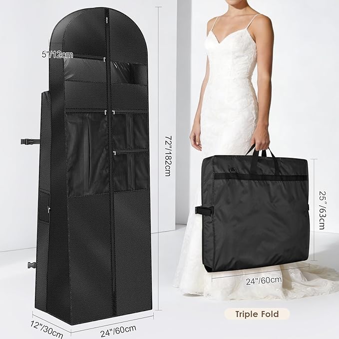 KEEGH 72" Wedding Dress Garment Bag - Tri-Fold Design Bridal Dress Bag with Shoulder Strap & Handle, Heavy-Duty Checkered Oxford Fabric for Long Wedding Gowns & Formal Gown Storage, Black