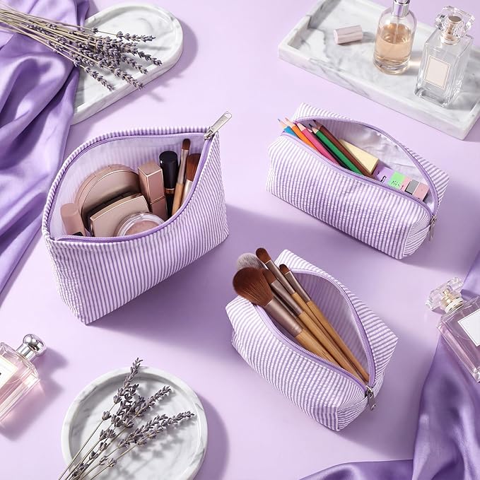 Huhumy 3 Pcs Makeup Bag Set Cute Stripe Cosmetic Pouch for Women Aesthetic Seersucker Travel Toiletry Bag Set Preppy Small Makeup Purse Pouch Cosmetic Organizer Pencil Case with Zipper(Purple)