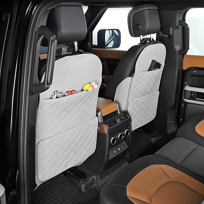 TAIKOO Seat Back Protector + Large Capacity Pocket Storage Organizer,Protects car seats from being stepped,2 Pack Kick Mats.(Cream White)