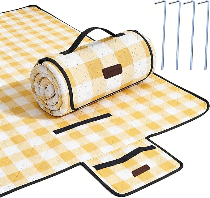 HX&OD Outdoor Picnic Blanket, Extra Large, 80''x80'' Waterproof Foldable Blankets Gingham Picnic Mat for Beach, Camping Grass Lawn Park Accessories Cute Couple Ideas Wedding (Yellow, 80”x80”)