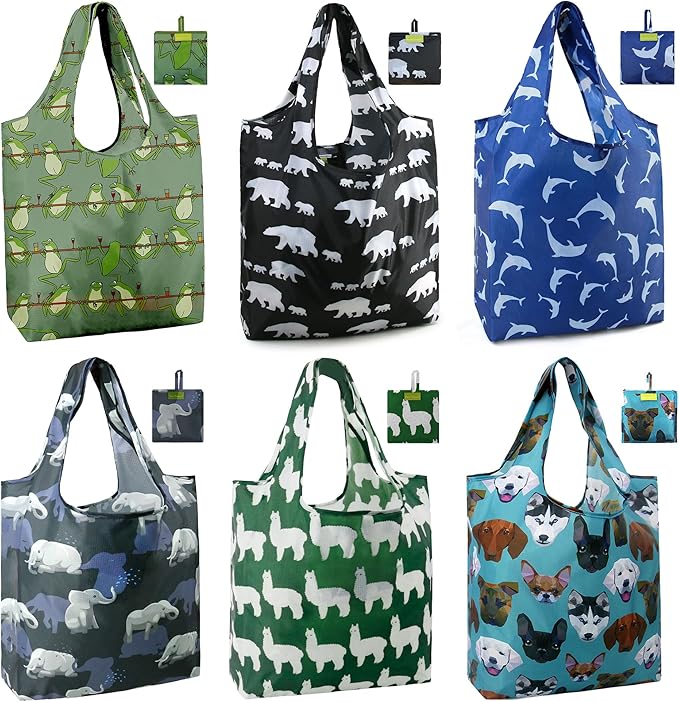 BeeGreen Animal Reusable Shopping Bags Cute Grocery Bag 6 Pack, Christmas Gift Bags Heavy-Duty Foldable Shopping Totes for Supermarket, Work & Travel, Large Washable Polyester Tote Bag with Handles