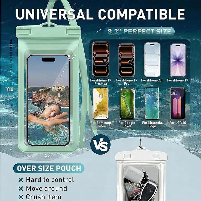 Waterproof Phone Pouch, with Interior Card Pocket, Large Waterproof Phone Case for iPhone 17 16 Pro Max, IPX8 Lightweight Cellphone Dry Bag, Beach Cruise Ship Essentials,1 Pack-Green-8.3″