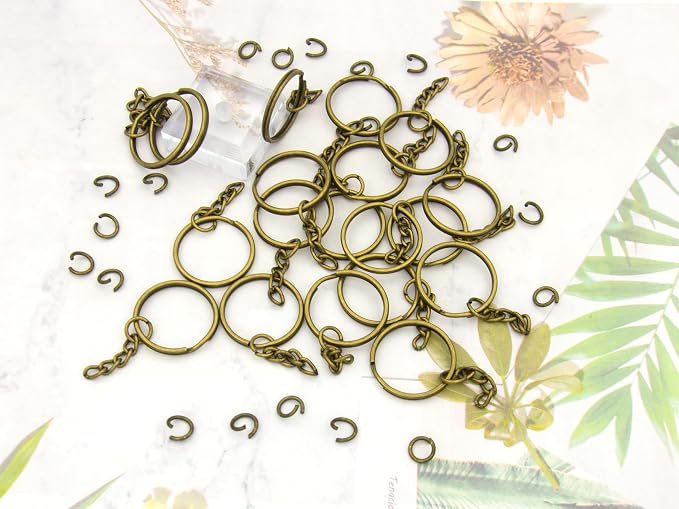 50Sets 1 inch Keychain Rings Bronze Split Round Key Ring with Chain and Open Jump Rings for DIY Keychain Making Crafts