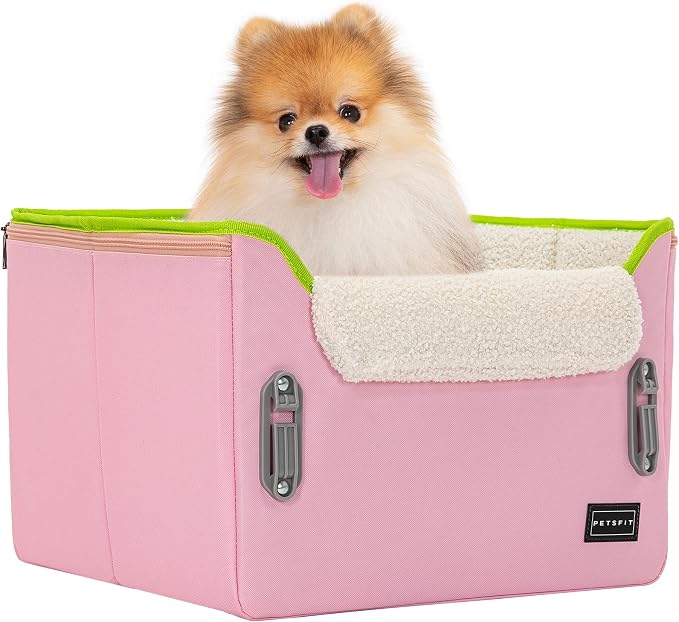 PETSFIT Small Dog Car Seat – Patented Safety Buckles – Safety Tether – Foldable Travel Cat Car Seat Reduces Anxiety & Road Trips – Stable Frame, Soft Cushion, Fits Front/Back Seat (Pink)