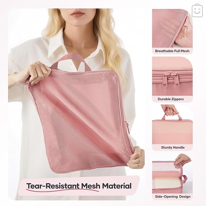 Veken 11 Set Compression Packing Cubes for Travel Essentials,Compressible Expandable Large Luggage Suitcase Organizer Bags for Clothing,Durable Space Saver Storage Bags with Toiletry Bags(Pink)