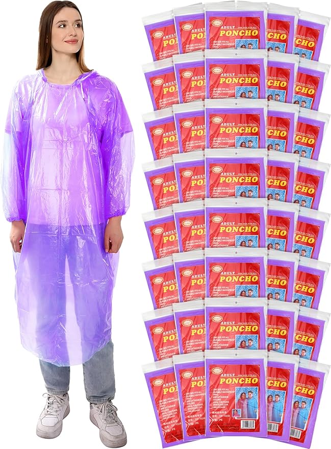 40 Pack Disposable Rain Ponchos for Adults Disposable Ponchos Pack with Drawstring Hood Elastic Sleeves Raincoat for Camping