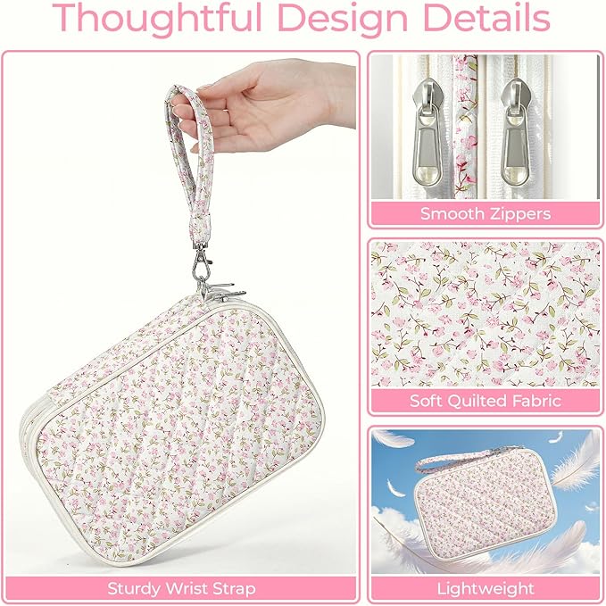 Quilted Travel Cable Organizer Pouch, Portable Electronic Accessories Carry Case, Double Layer All-in-One Storage Bag for Chargers, Cords, Phone, Gadgets (Pink Floral)