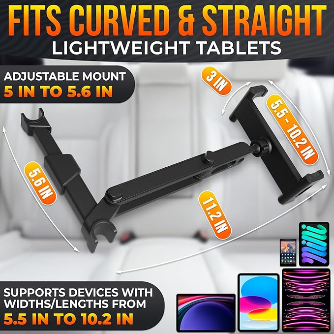 Car Headrest Tablet Holder for 5.5"-11" Devices - Tablet Headrest Mount with 360° Rotation & Charging Port Access - Quick Install & Adjustable Car Tablet Holder Сompatible with Smartphones and Tablets
