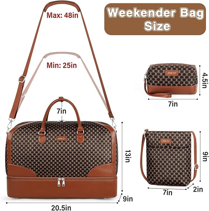 ITIEZY Weekender Overnight Bag for Women - Large Travel Duffel Bag with Shoe Compartment, Gym Duffel Bag Hospital Bag Carry On Tote Bags for Airplanes with Crossbody Bag Toiletry Bag 3Pcs Set