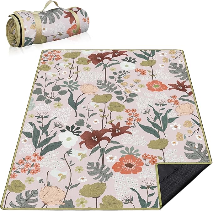 Floral Picnic Blankets Waterproof Foldable, 60″X80″ Packable Picnic Mat Flowers Outdoor Blanket for Grass, Large Beach Blanket Sandproof Picnic Accessories for Camping Music Festival Park Lawn Travel