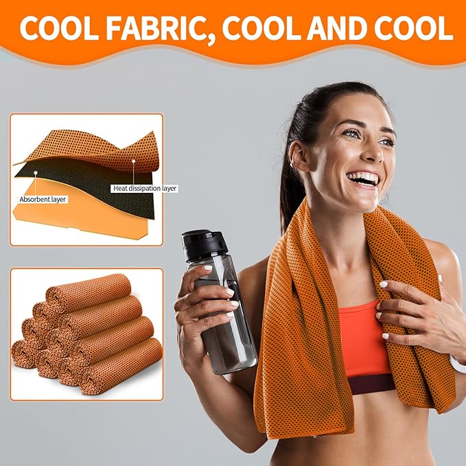 Honoson 10 Pcs Cooling Towel Bulk - Neck & Face Cool Chilly Towels Microfiber Breathable Sport Sweat Rag for Gym, Yoga, Travel, Camping, Running, Outdoor (Orange)