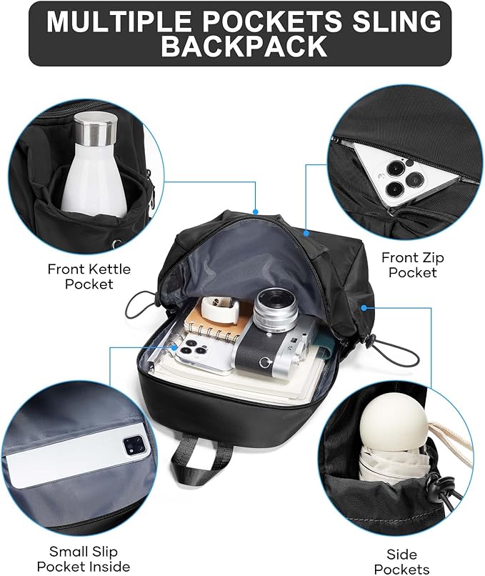 SEAFEW Black Sling Crossbody Bag for Men Women, Tactical Backpack Shoulder Daypack Mini Anti-Theft Cross Body Motorcycle Chest Bags, Small One Strap Fanny Back Pack for Casual Travel Hiking Sport Gym