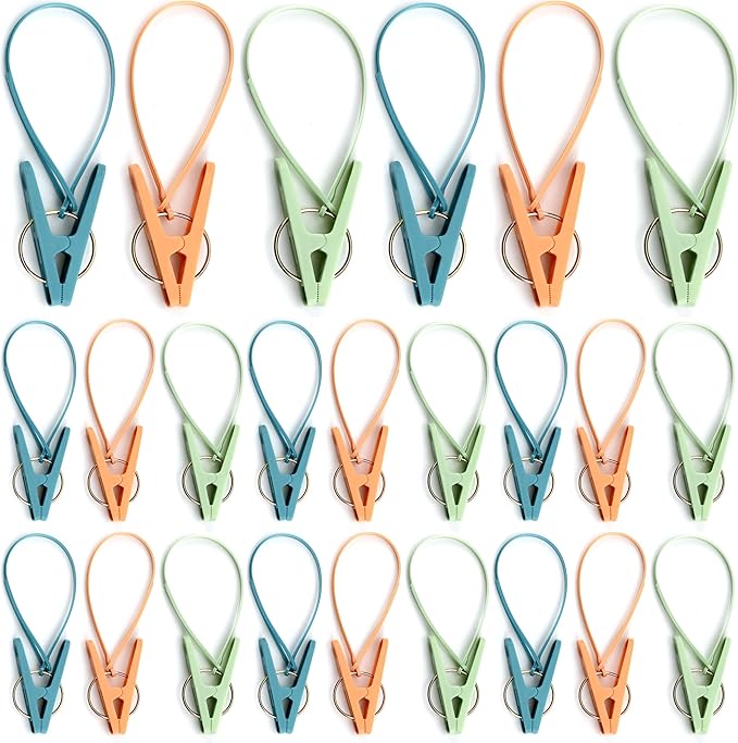 24 Pack Clothes Pins Clothes Peg Clip Pins with Plastic Rope for Clothesline Multicolor Drying Clothing Clips Hooks Windproof Clothes Hanger for Hanging Socks Hats Pants Bras Underwears Towel Photo