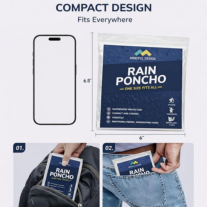 Mindful Design Rain Ponchos with Drawstring Hood Disposable Emergency Poncho for Adults