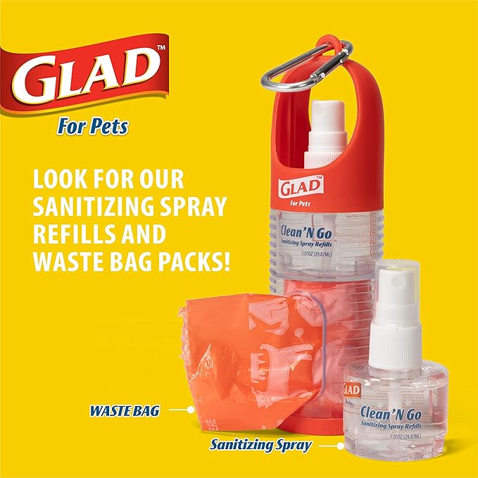 Glad for Pets Clean & Go Waste Bag Dispenser & Antibacterial Soothing Aloe Hand Sanitizer Spray | With Poop Bag Holder, 15 Bags in Tropical Breeze Scent & Mini Hand Sanitizer (Pack of 2)