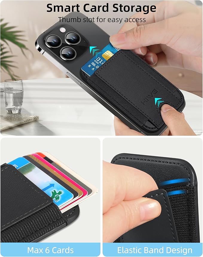 HiWe for MagSafe Wallet, 7 Cards Holder with RFID Blocking, Stronger Magnetic Wallet for iPhone 17/16/15/14/13/12 Series, Vegan Leather Minimalist Slim, 1 Slot, Black
