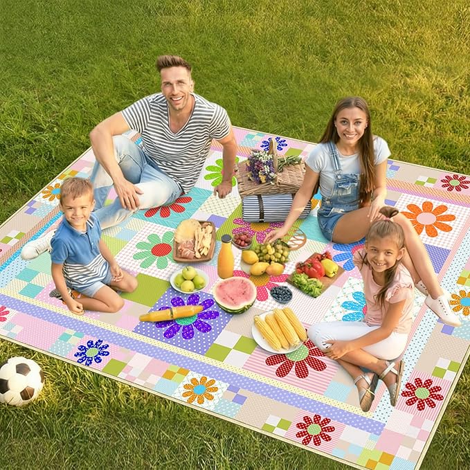 Daisy Picnic Blankets Waterproof Foldable, 60″X80″ Packable Picnic Mat Sunflower Outdoor Blanket for Grass, Large Beach Blanket Sandproof Picnic Accessories for Camping Music Festival Park Lawn Travel