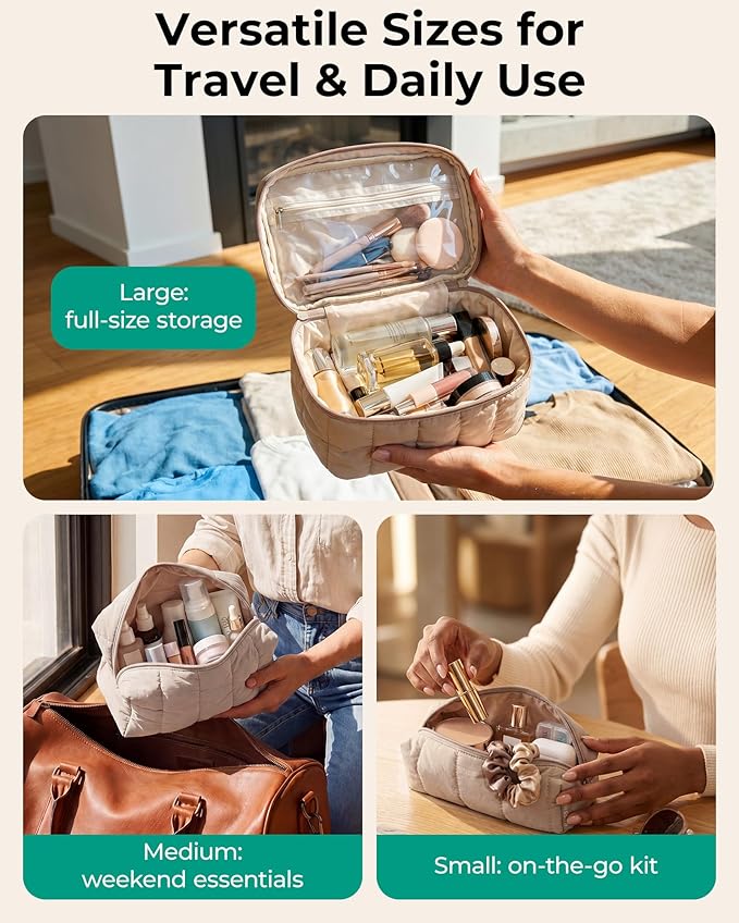 BAGSMART Travel Makeup Bag for Women, 3 Pcs Puffy Quilted Cotton Cosmetic Organizer, Large Toiletry Case and Small Purse Pouch for Gym, Work, Girls (Blue Ditsy Floral)