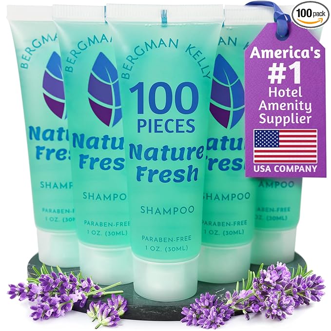 BERGMAN KELLY - Travel Size Hotel Shampoo - 1 fl oz, 100 PK, Nature Fresh - Delight Your Guests with Revitalizing & Refreshing Hair Cleanser for Guest Hospitality - Mini & Small Size Shampoo Bulk
