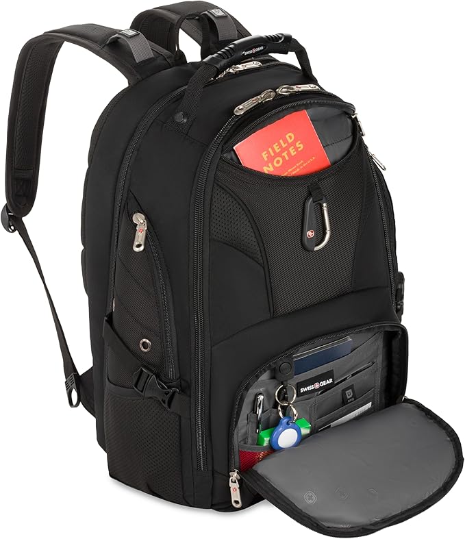 SWISSGEAR Sion 2-Piece Travel Set, Softside Expandable Carry-On Spinner Bundled with 1900 ScanSmart 17" Laptop Backpack with RFID Blocking & Tech Organization, Black